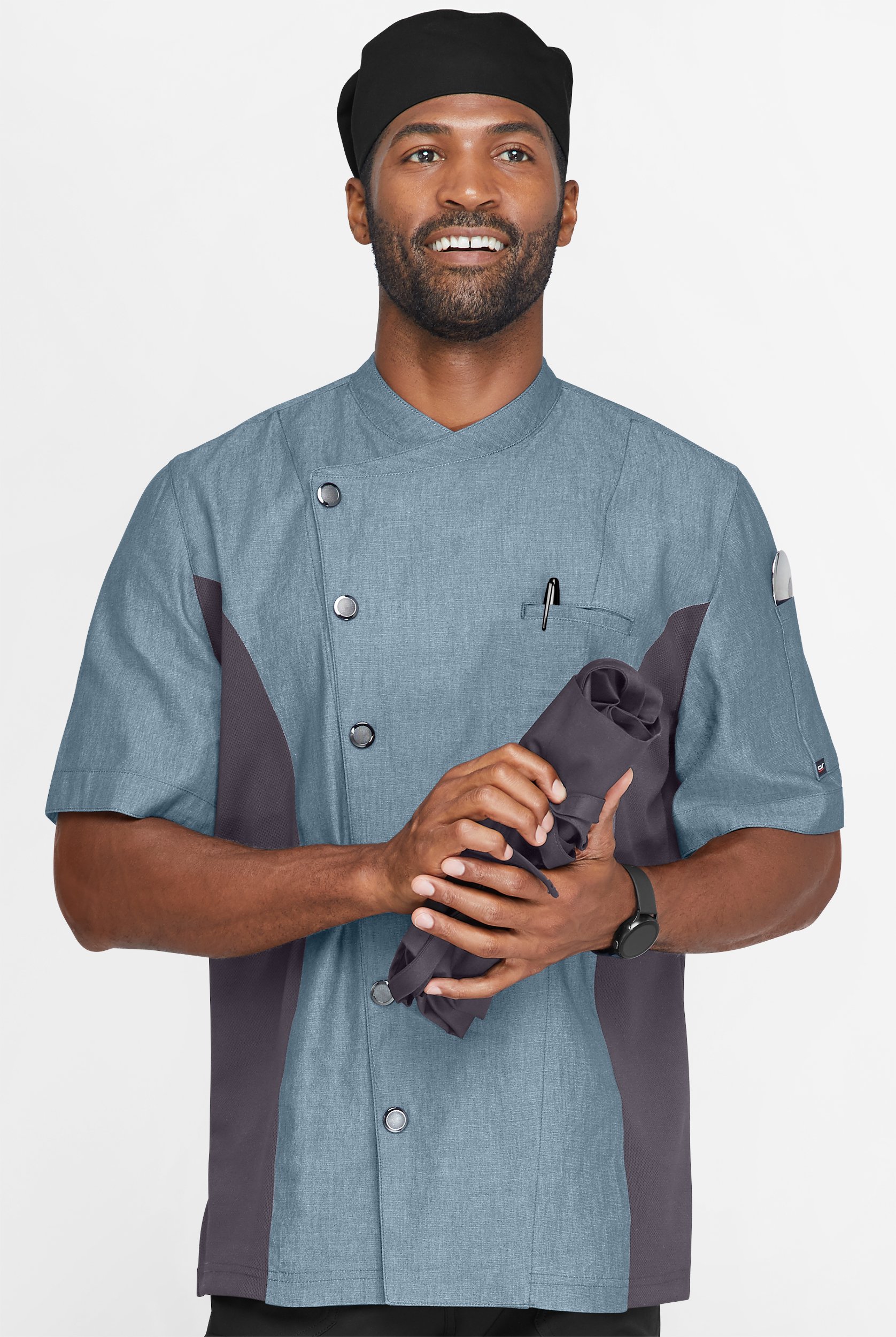 Industry Line Men's 2-Pocket Short Sleeve Chambray w/Tech Mesh Side Panels Executive Chef Coat
