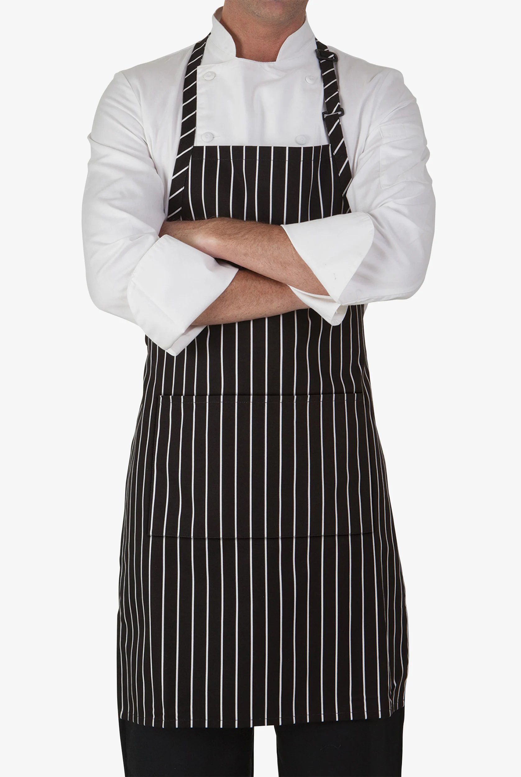 Delantal unisex de chef estampado UA CHEF&trade; Chalk Stripe Black ajustable con pechera y 2 bolsillos
