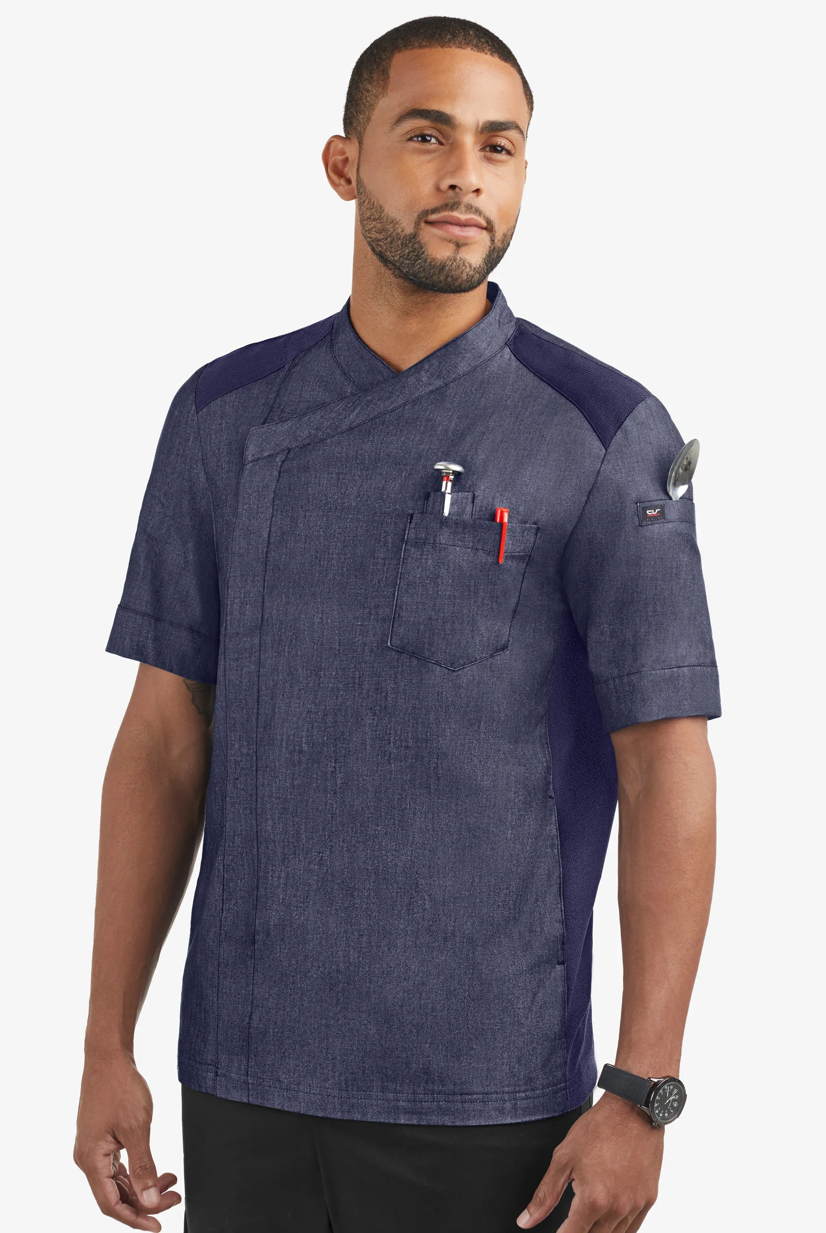 Industry Line Men's 5-Pocket Short Sleeve w/Tech Mesh Panels Chambray Executive Chef Coat