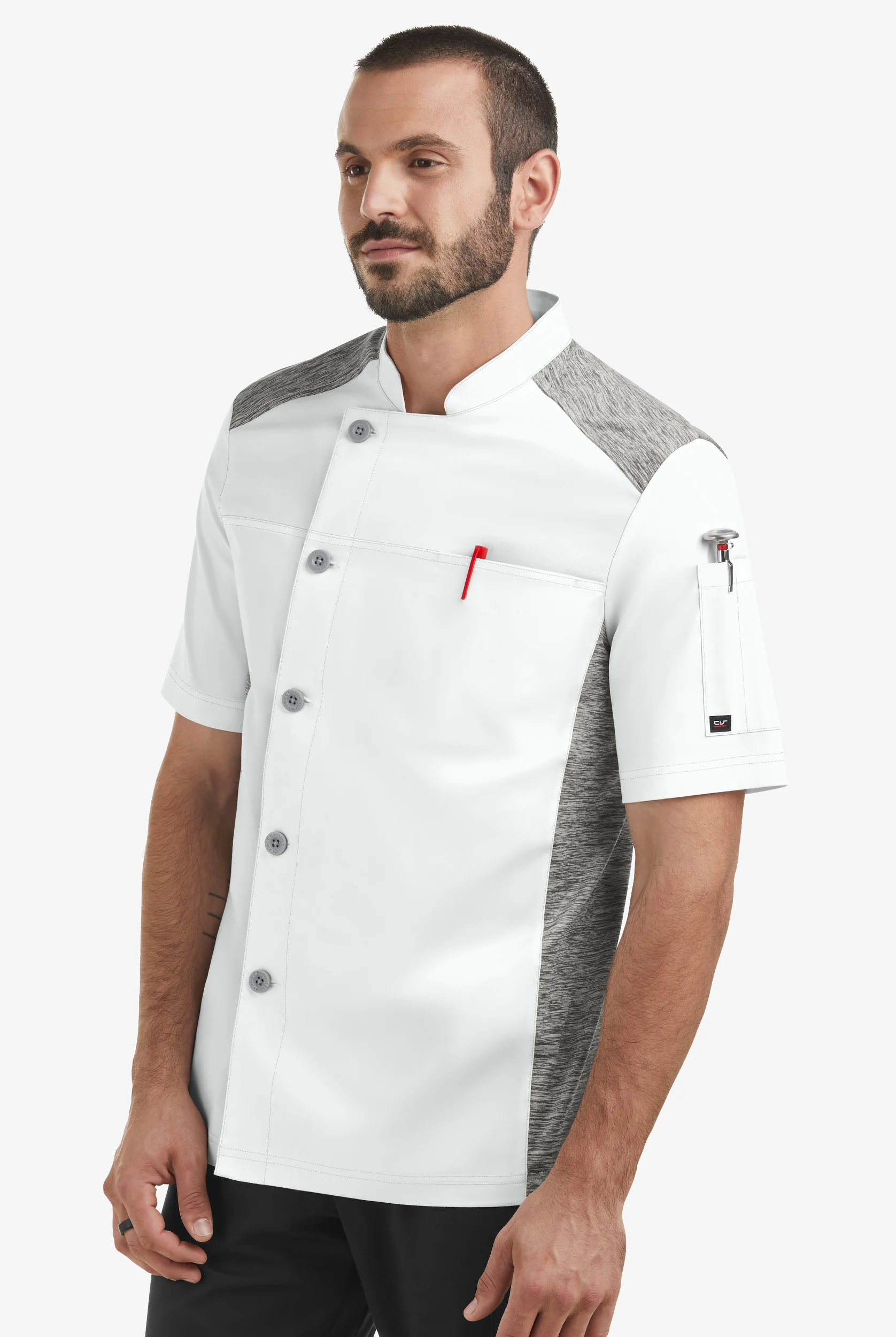 CHEF 360 Men's 2-Pocket Short Sleeve w/ Knit Panels STRETCH Executive Chef Coat