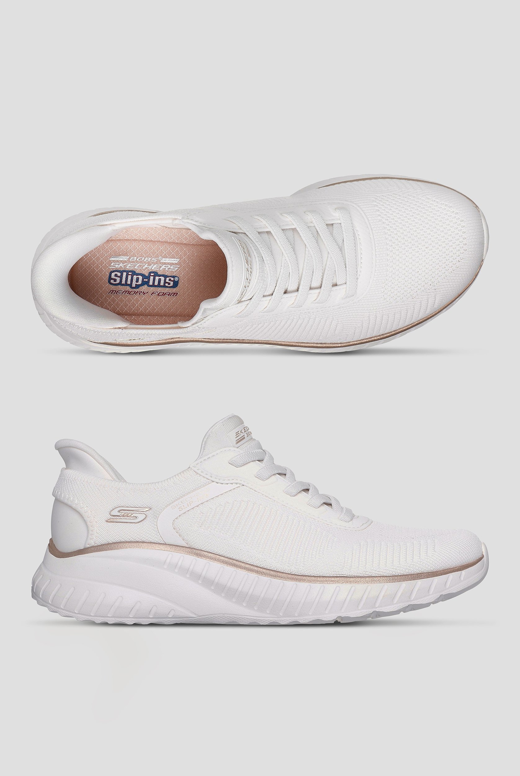 Skechers BOBS Sport Squad Chaos White/Gold Women's Slip Ins Knit Bungee Athletic Shoes