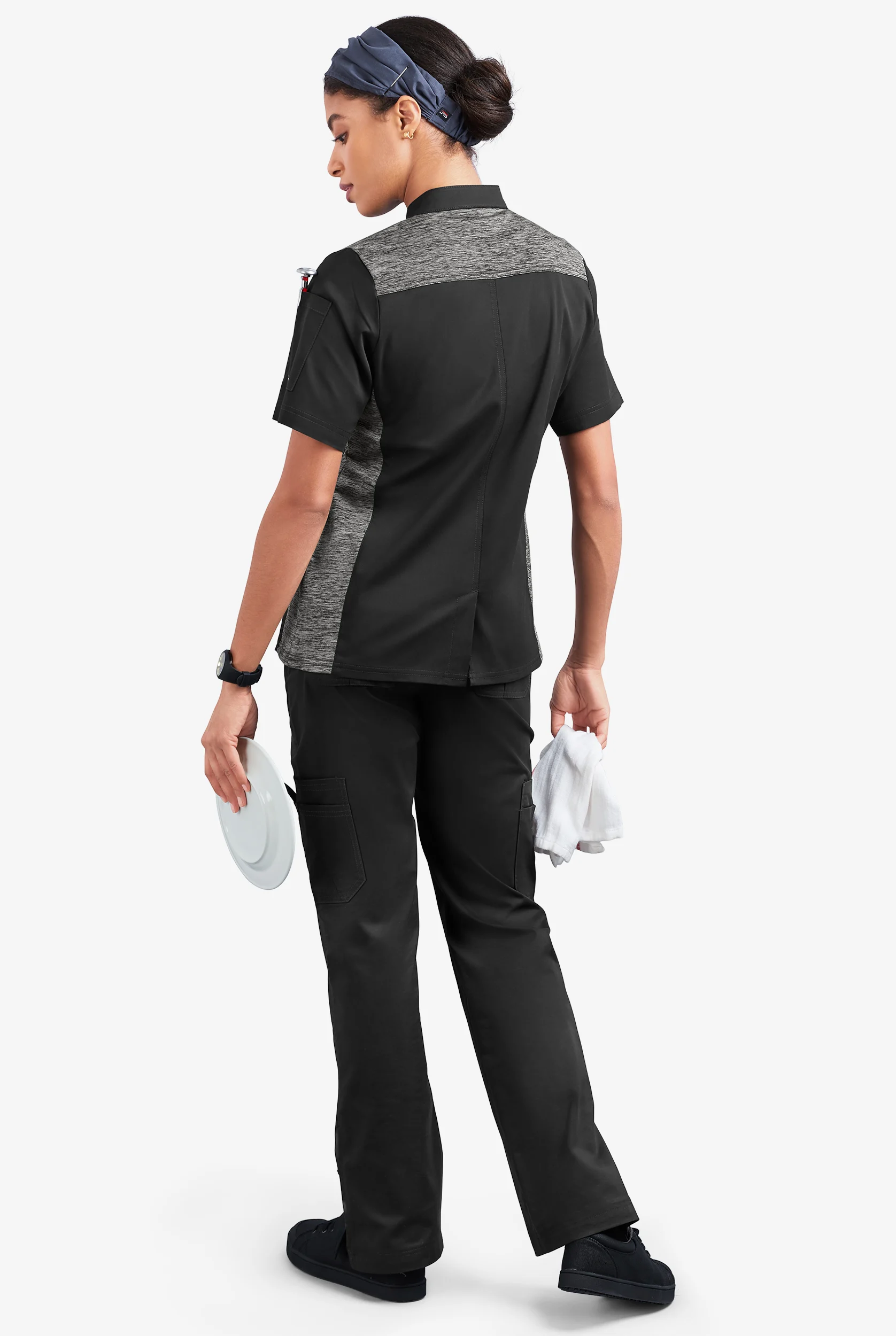 CHEF 360 Women's 2-Pocket Short Sleeve w/ Knit Panels STRETCH Executive Chef Coat