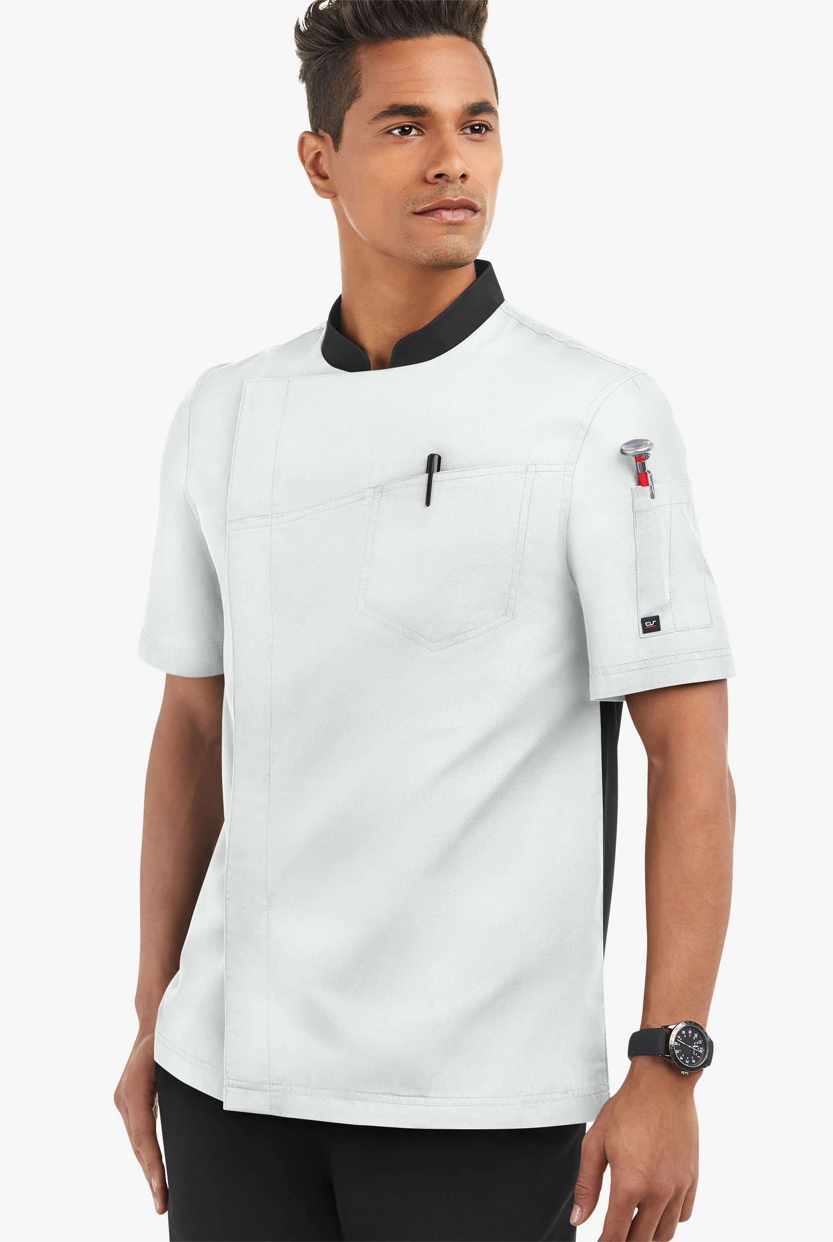 LIGHTWEIGHT Men's Short Sleeve Asymmetrical Snap front with Mesh Panels Chef Coat