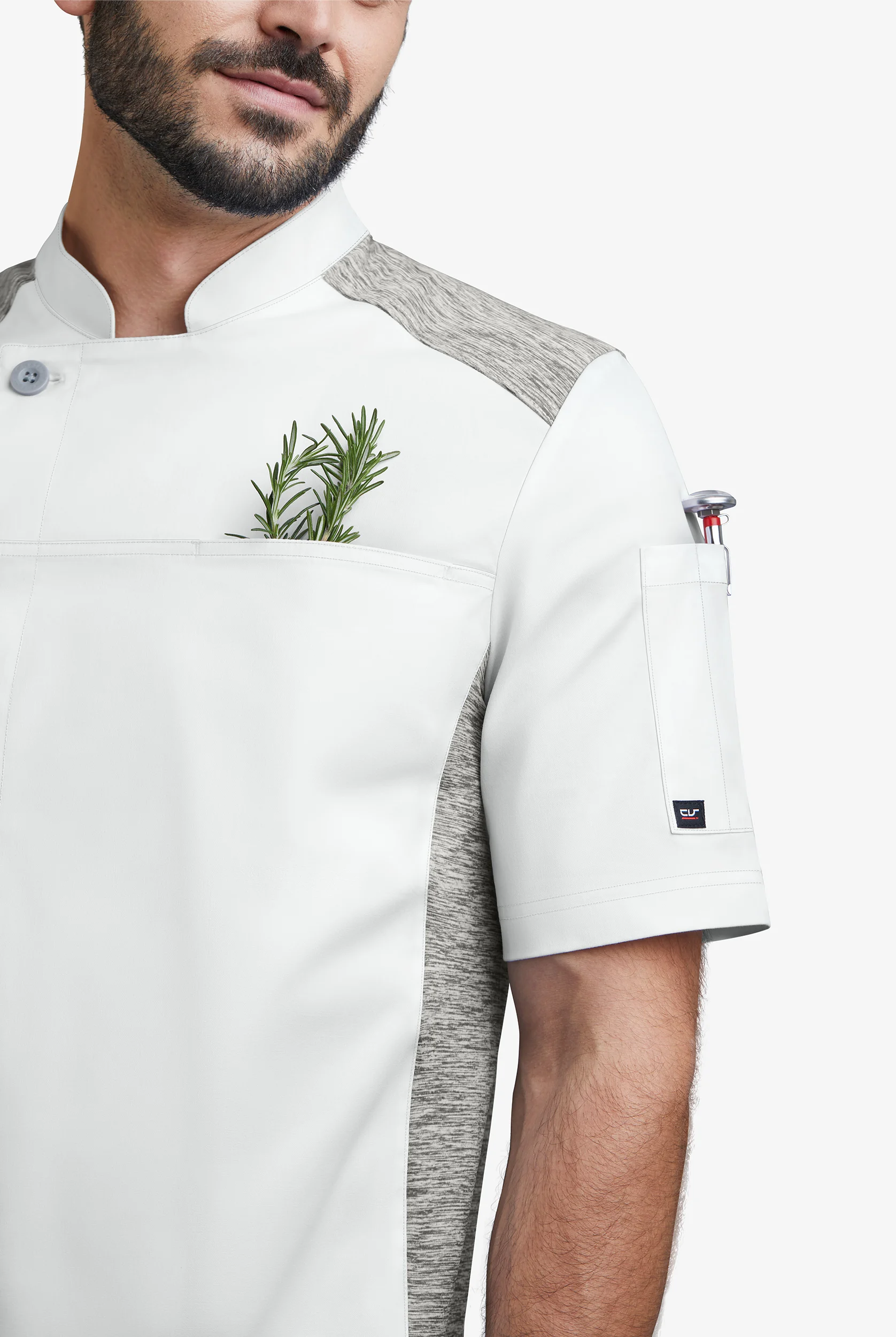 CHEF 360 Men's 2-Pocket Short Sleeve w/ Knit Panels STRETCH Executive Chef Coat