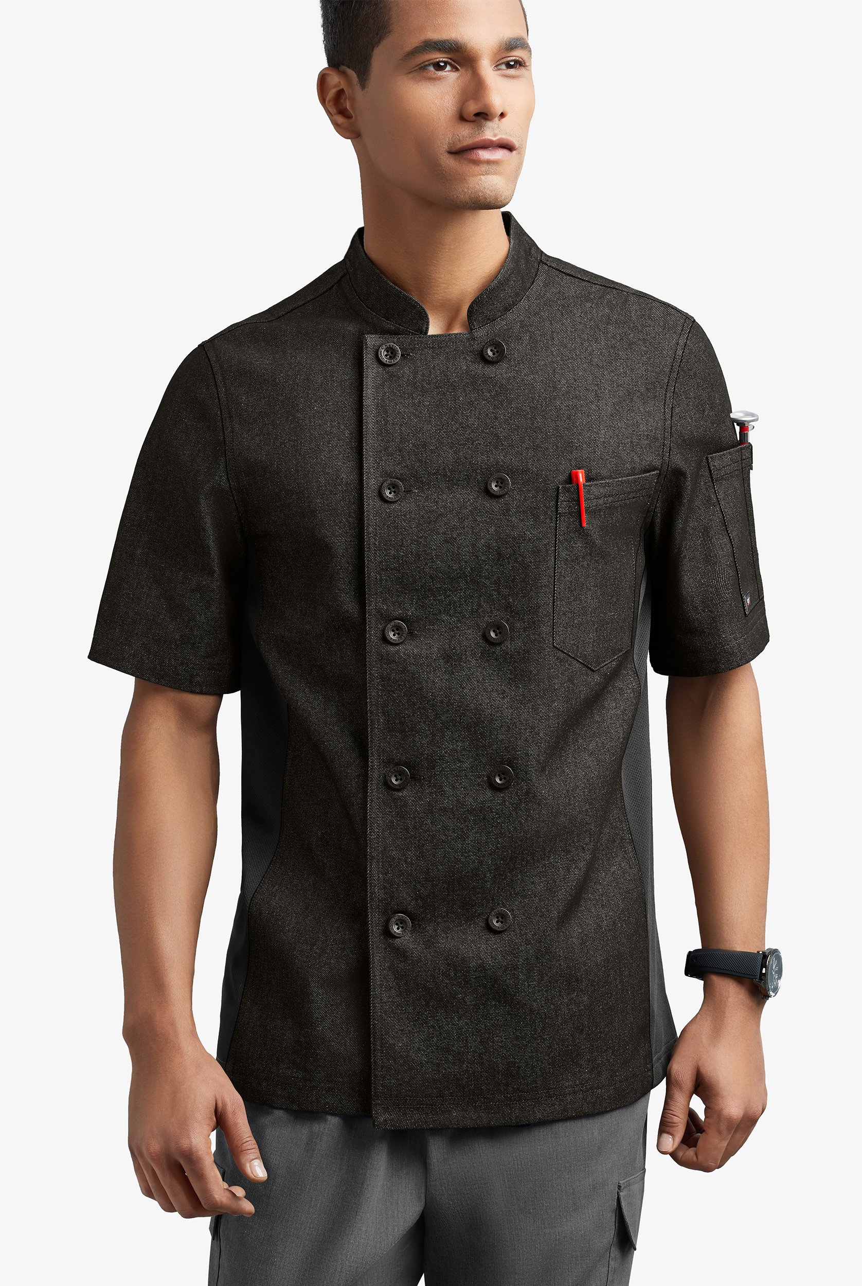 Industry Line Men's 2-Pocket Short Sleeve Double Breasted w/Tech Mesh Side Panels Denim Chef Coat