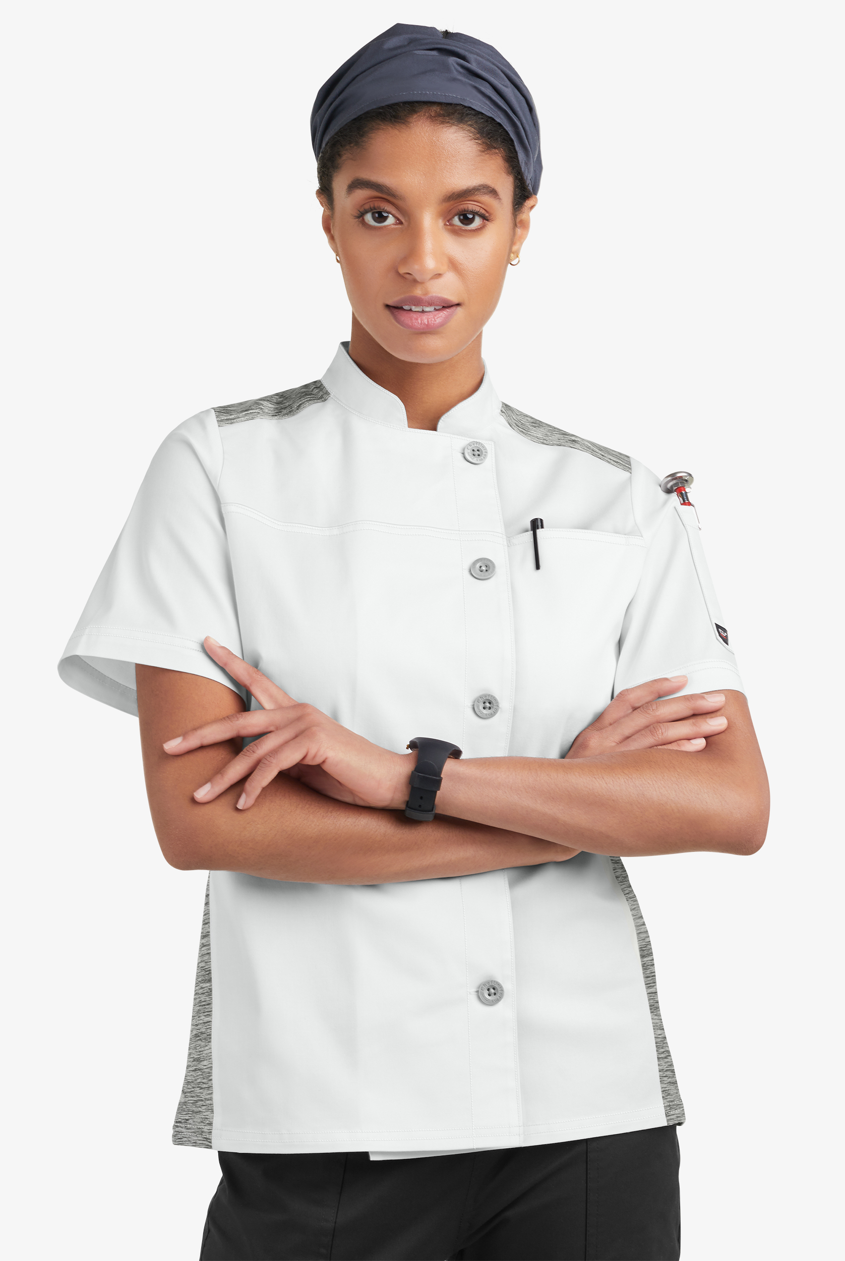 CHEF 360 Women's 2-Pocket Short Sleeve w/ Knit Panels STRETCH Executive Chef Coat
