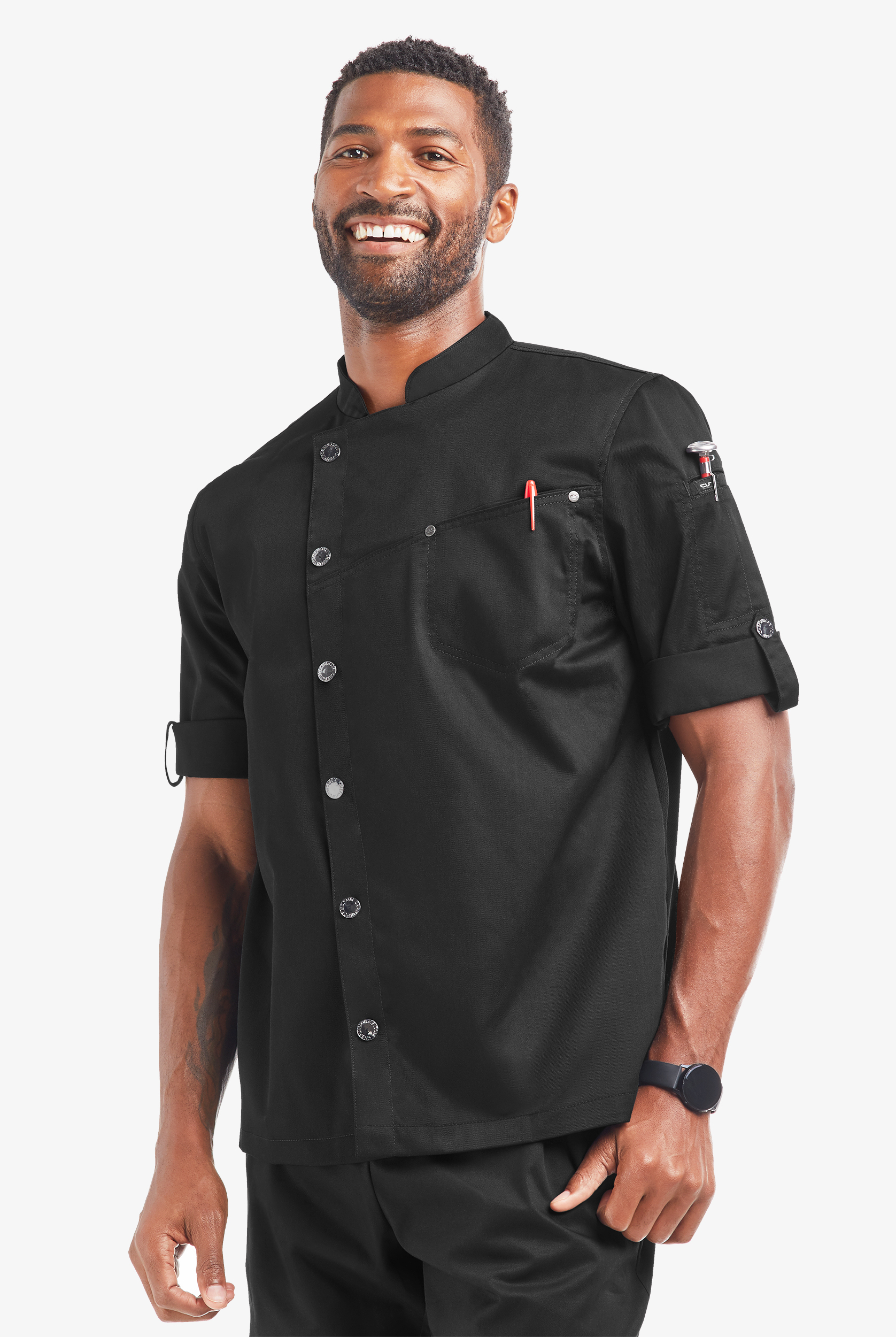 Industry Line Men's 2-Pocket Roll Sleeve with Tech Mesh Back Panel Asymmetrical Executive Chef Coat