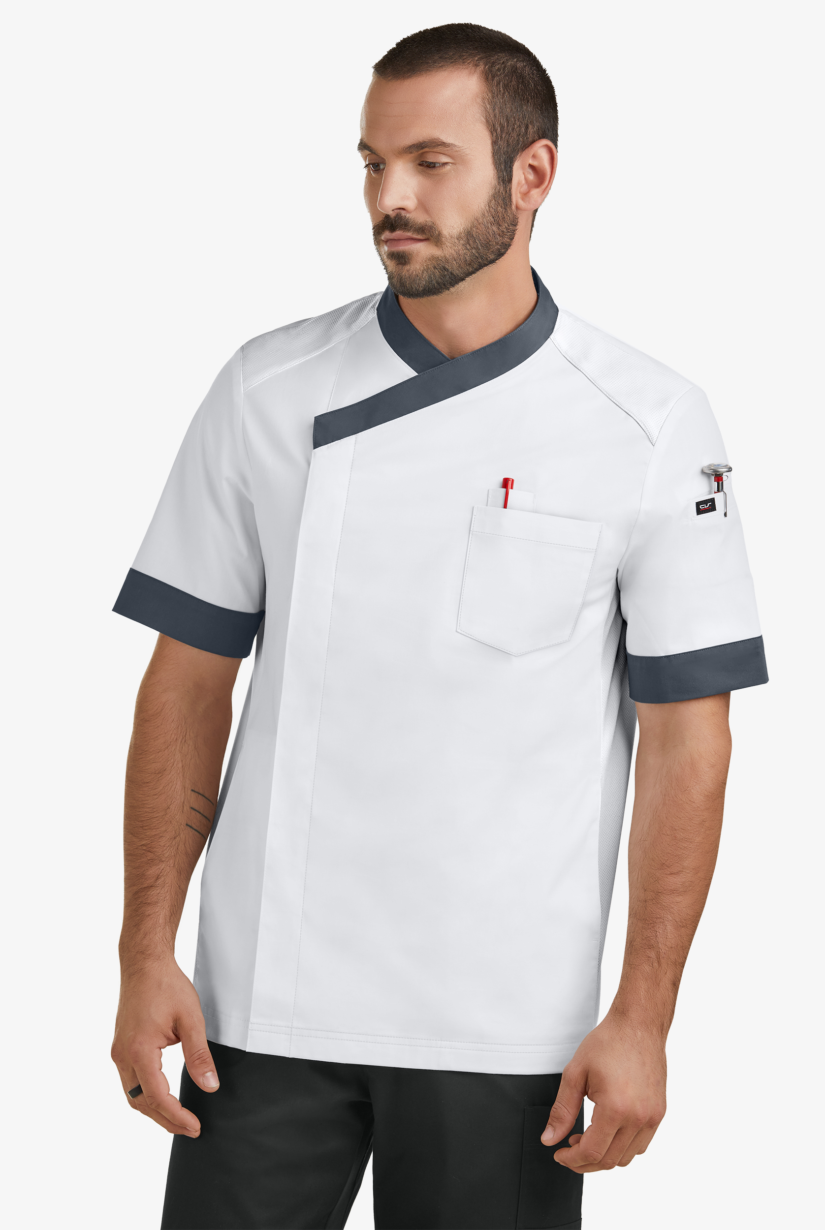 CHEF 360 Men's 5-Pocket Short Sleeve Mesh Panel STRETCH Executive Chef Coat