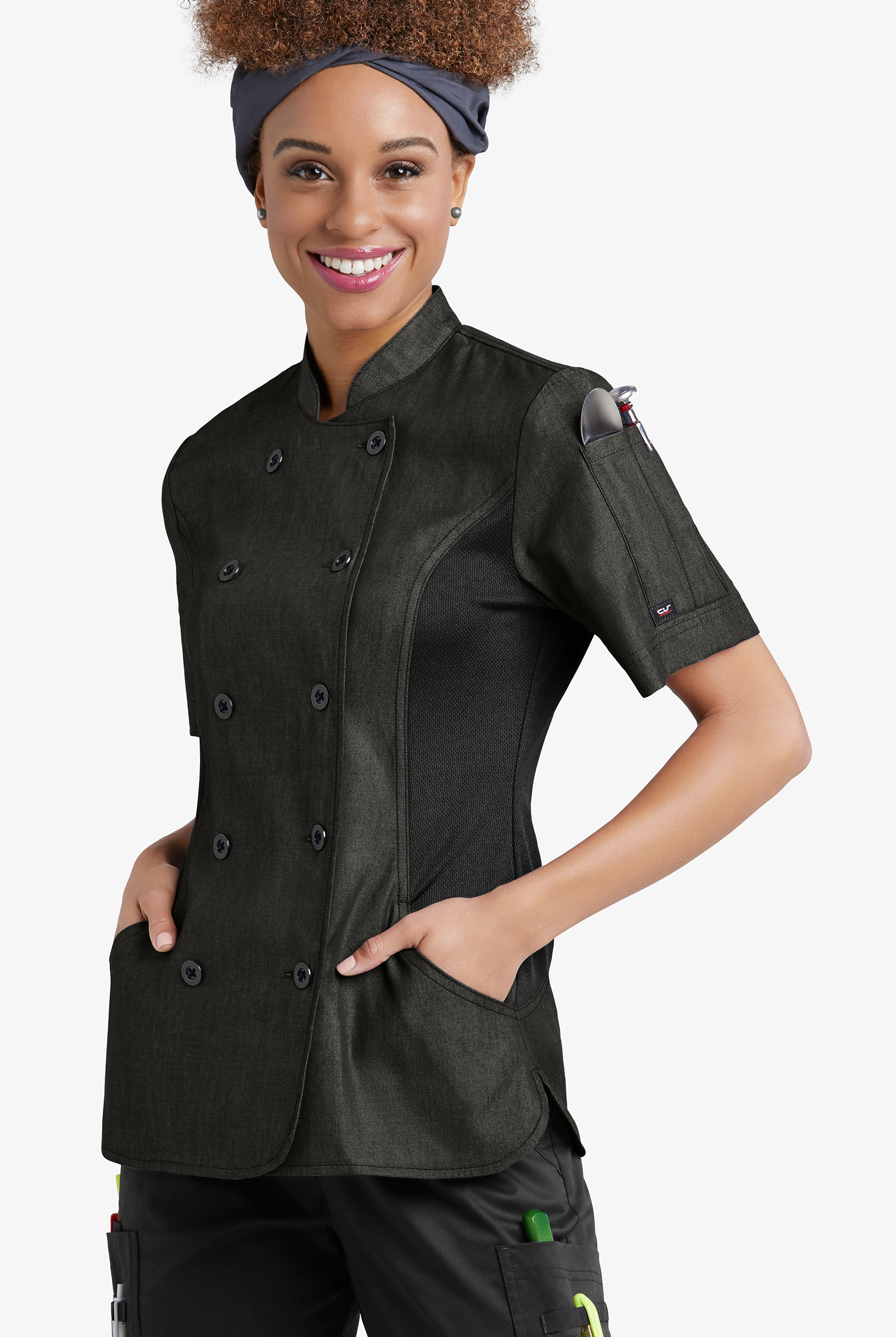 Industry Line Women's 3-Pocket Short Sleeve Chambray w/Tech Mesh Panels Executive Chef Coat