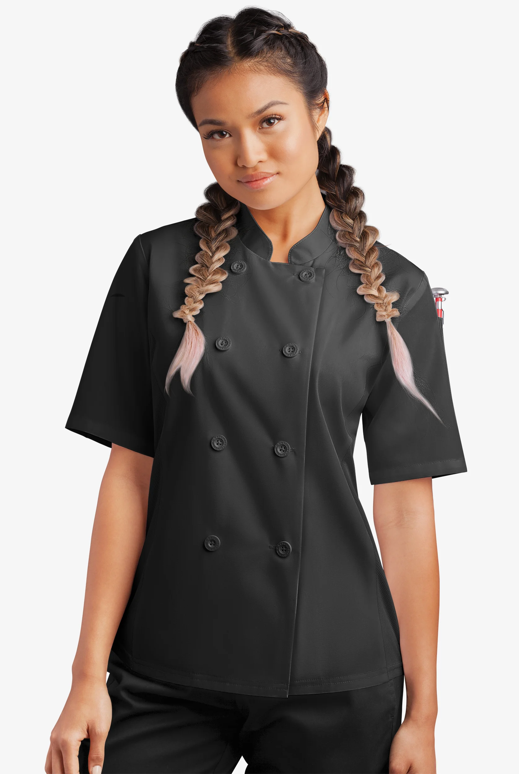 Chaqueta de gastronom&iacute;a con mangas cortas y paneles de malla para mujer