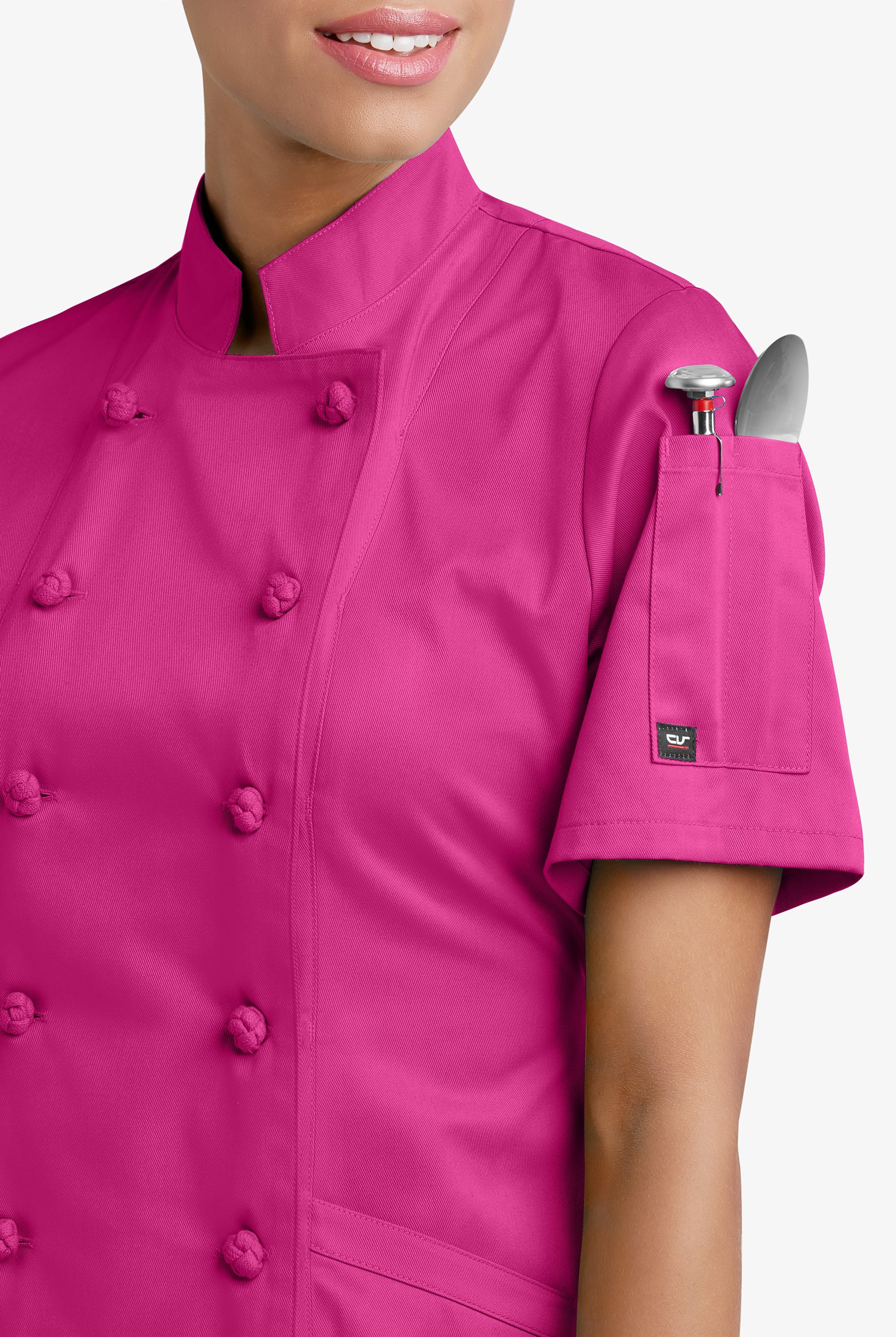 Chef Uniforms Women's 3-Pocket Short Sleeve Knotted Button Executive Chef Coat