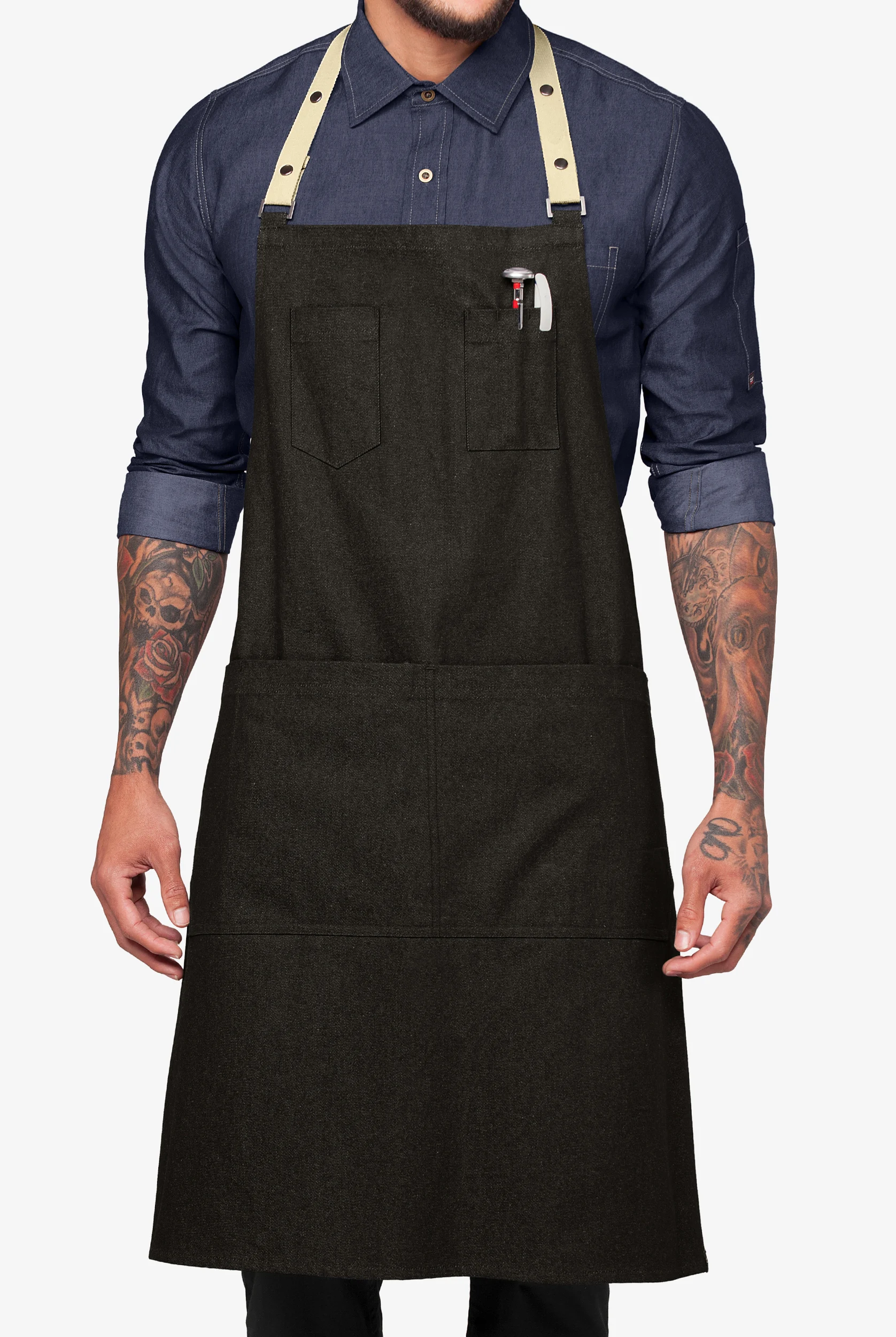 Industry Line Premium Denim w/ Removable Straps Unisex 2-Pocket Adjustable Bib Chef Apron