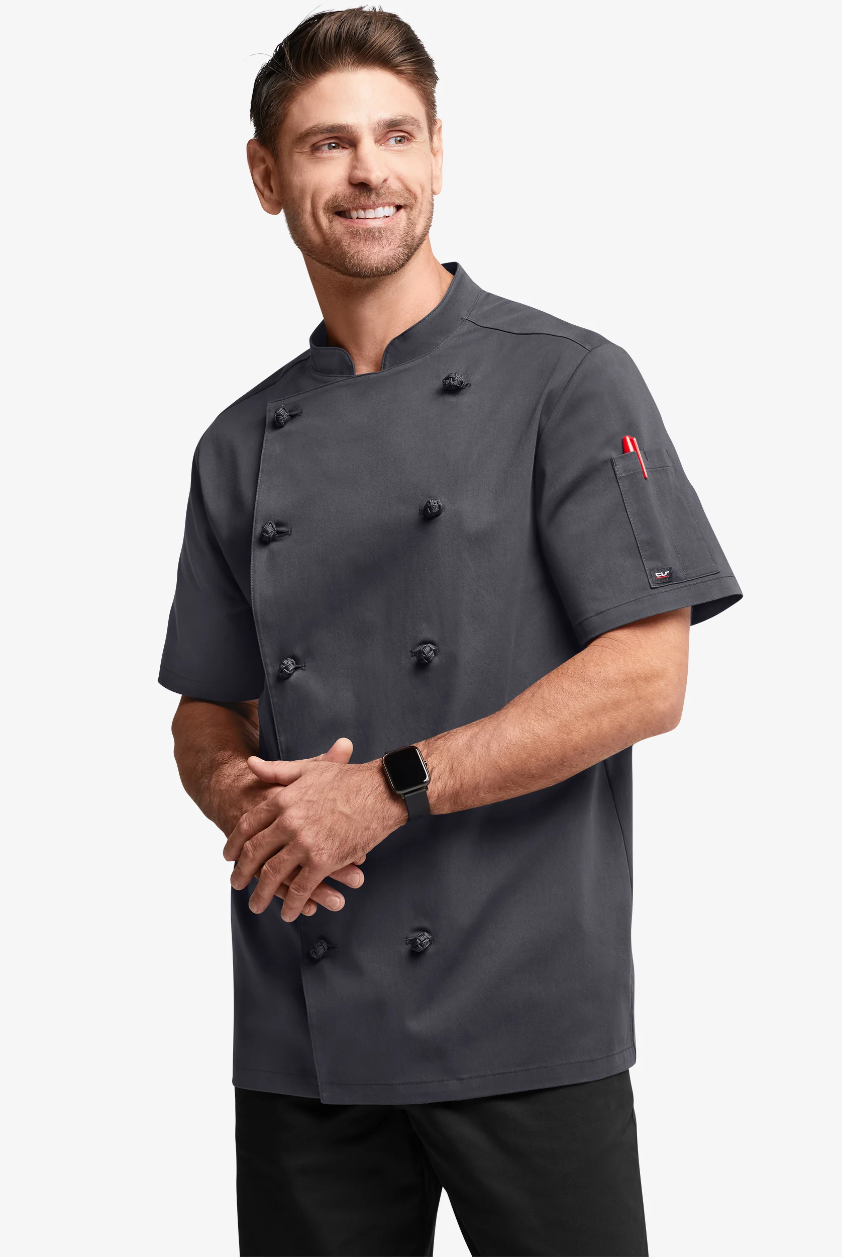 Chef Uniforms Men's Short Sleeve Knotted Button Executive Chef Coat