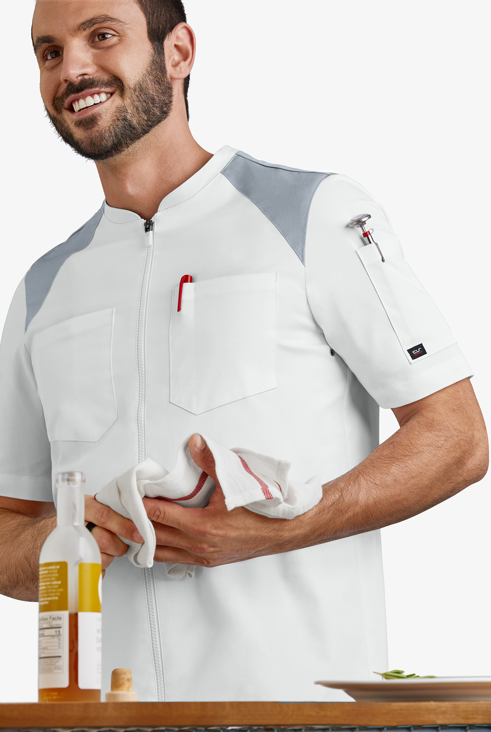 Chaqueta manga corta de gastronomía CHEF 360 STRETCH con cremallera y canesú de malla para hombre