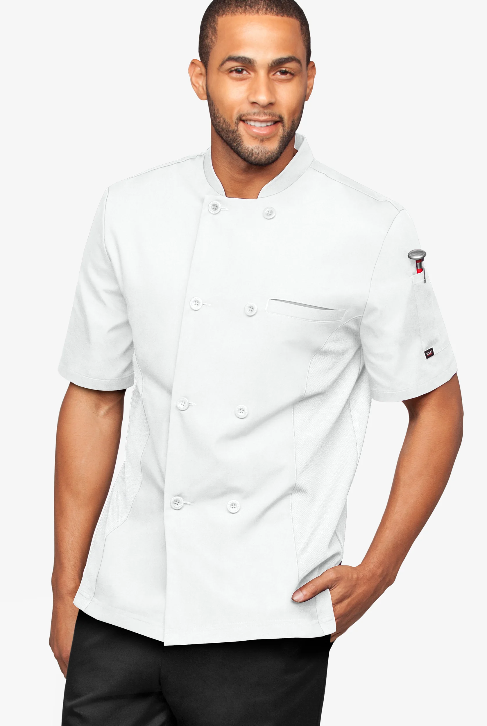LIGHTWEIGHT Men's 2-Pocket Short Sleeve w/ Mesh Side Panels Chef Coat