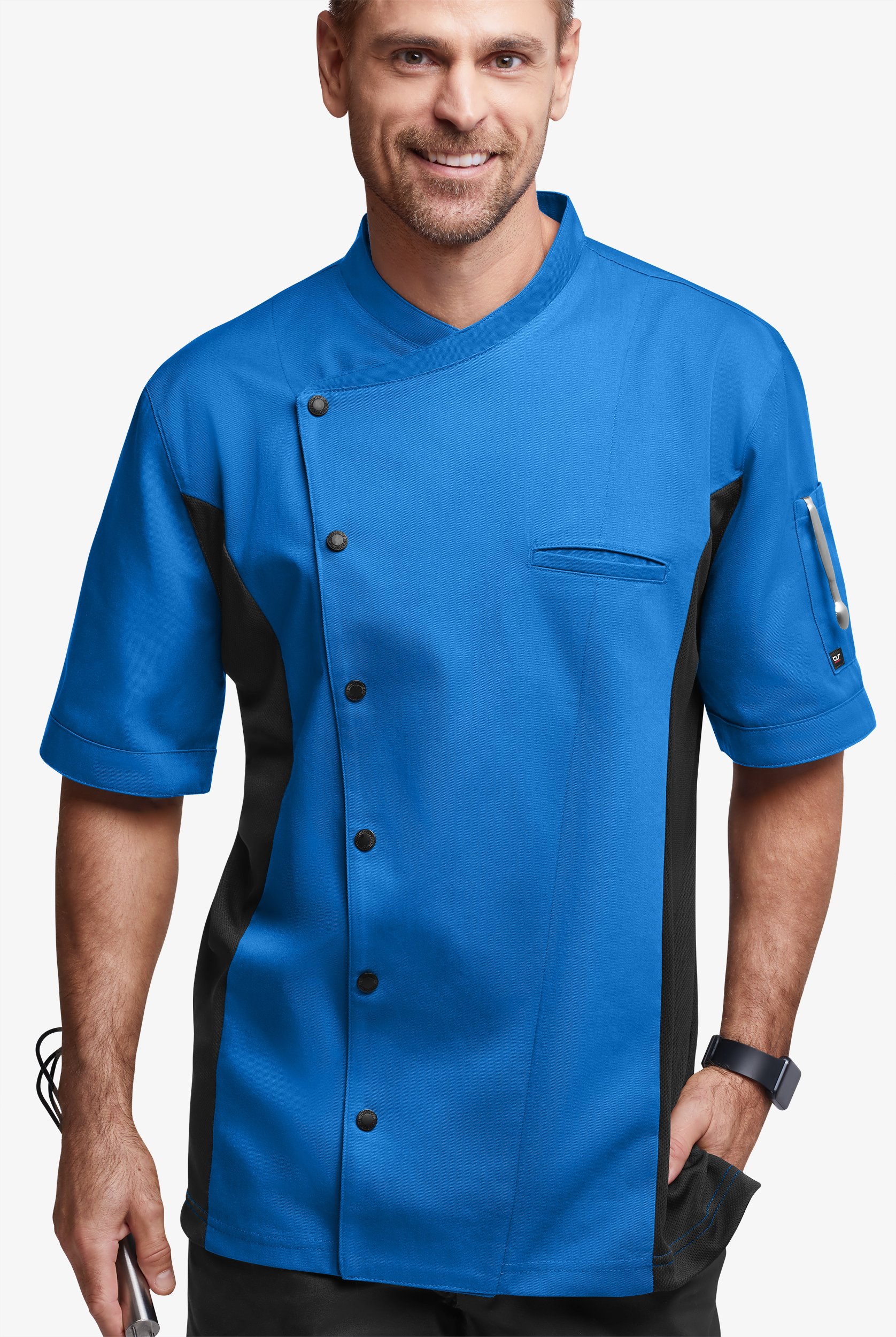Chef Uniforms Men's 2-Pocket Short Sleeve Snap Front Closure w/ Mesh Side Panels Executive Chef Coat
