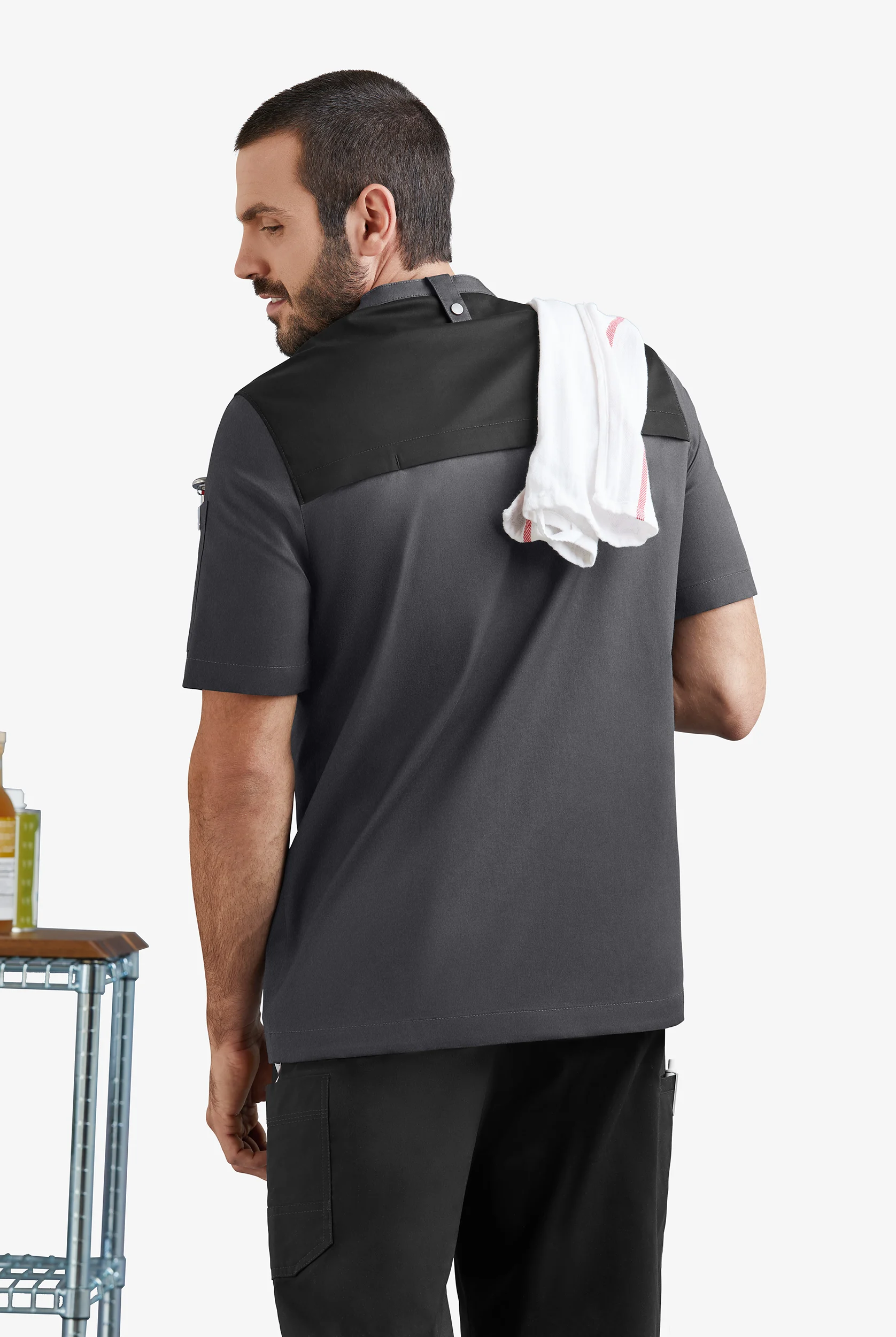 CHEF 360 Men's 4-Pocket Short Sleeve Mesh Yoke Zip Front STRETCH Executive Chef Coat