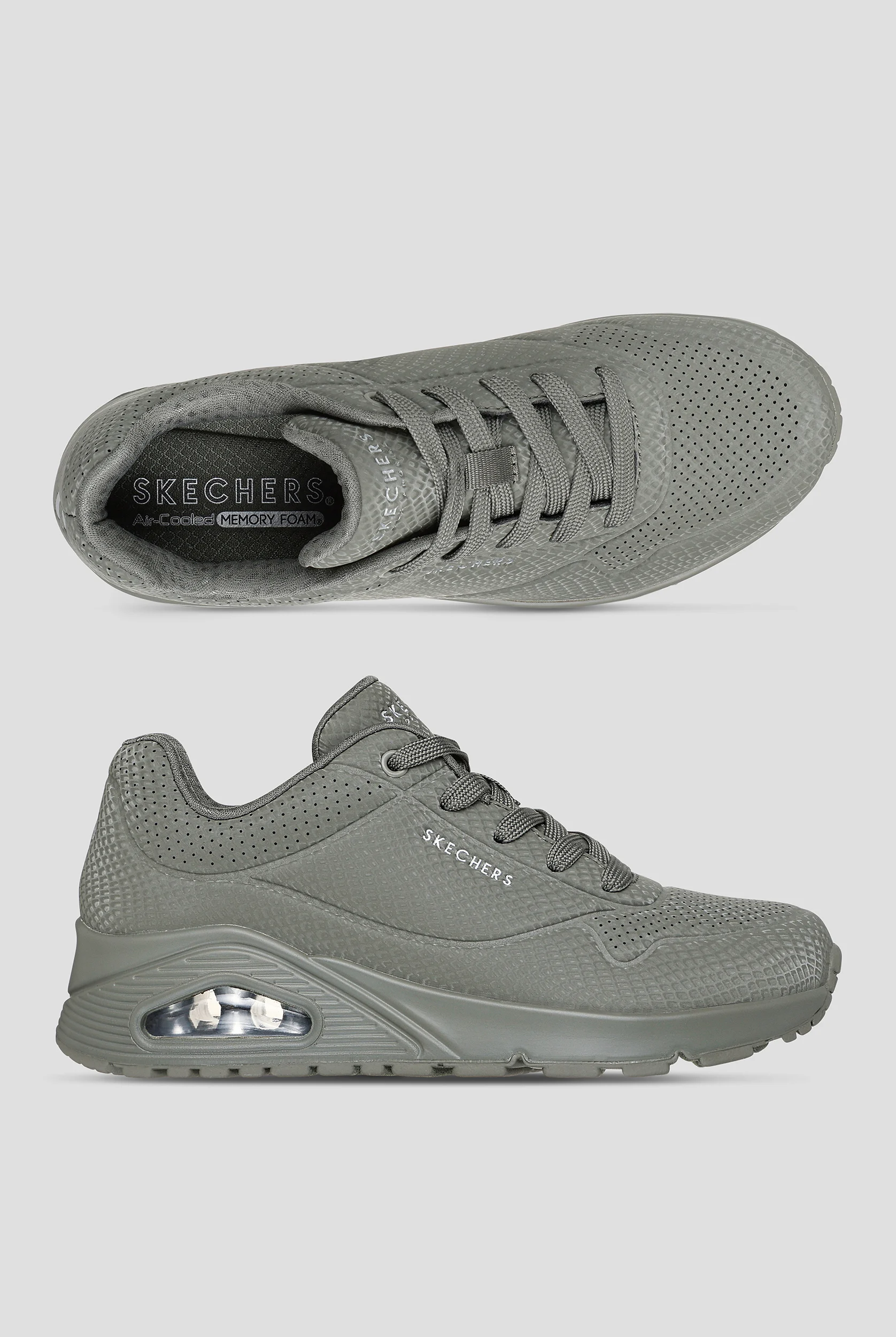 Skechers Street Olive Reflective Snake Printed Durabuck Uno Athletic Lace Up Shoes