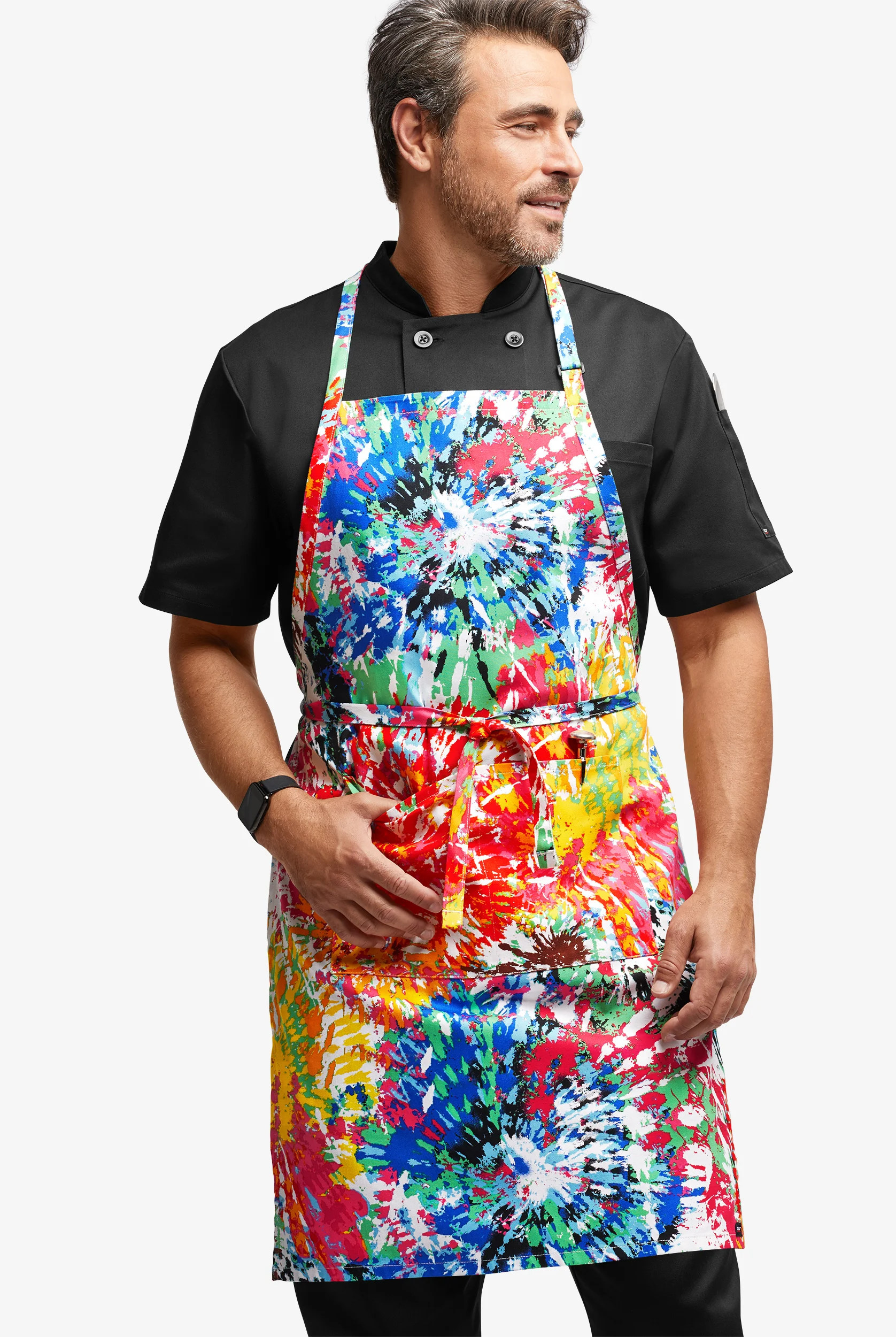 Delantal unisex de chef estampado ajustable UA CHEF&trade; Rainbow Tie Dye White con pechera y 2 bolsillos