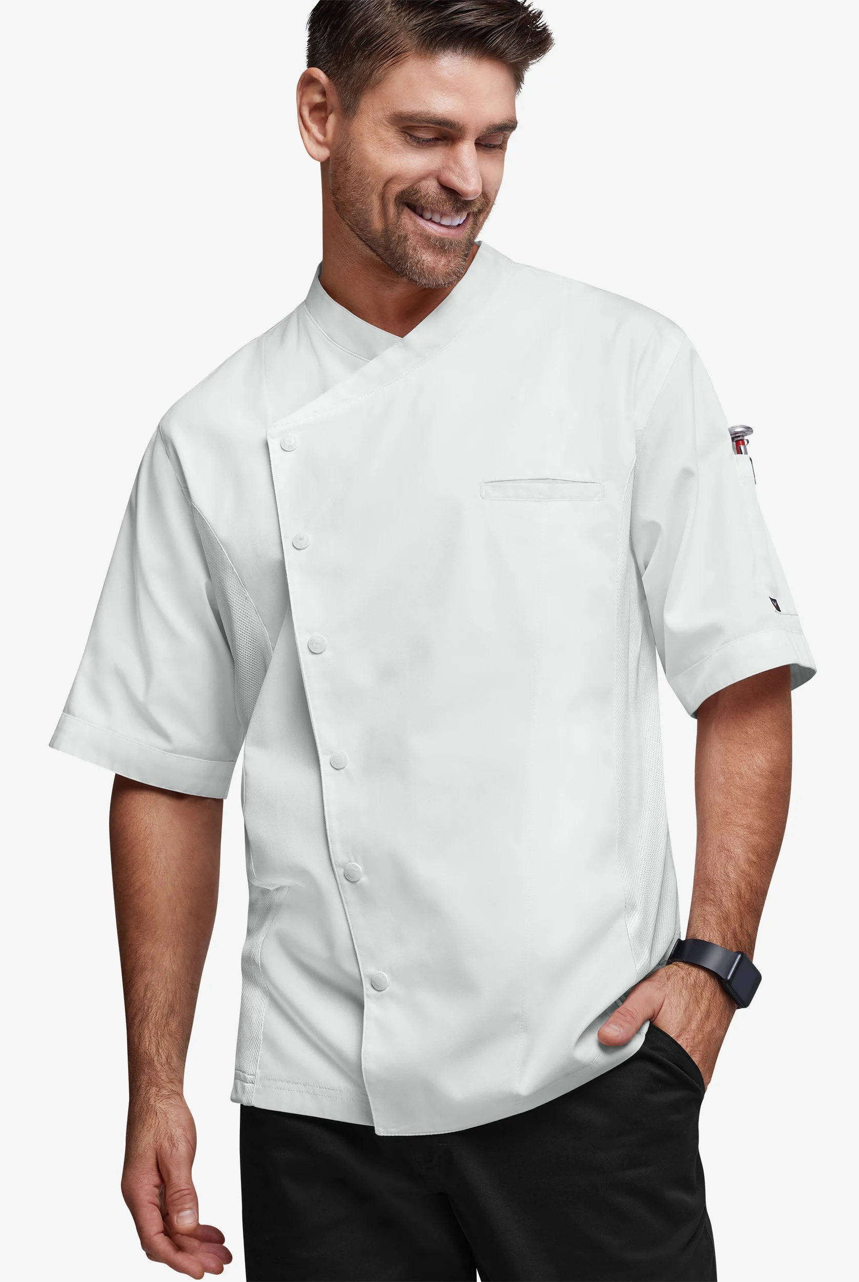 Chef Uniforms Men's 2-Pocket Short Sleeve Snap Front Closure w/ Mesh Side Panels Executive Chef Coat