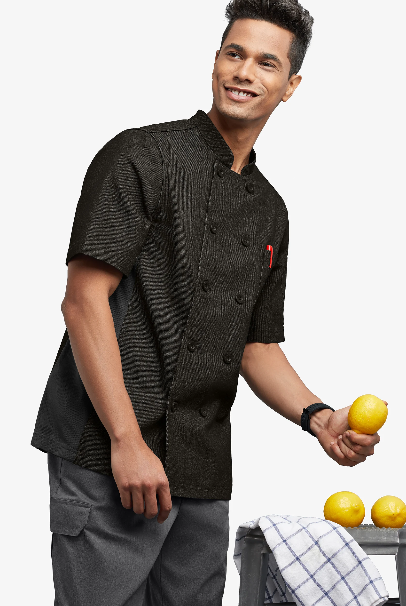 Industry Line Men's 2-Pocket Short Sleeve Double Breasted w/Tech Mesh Side Panels Denim Chef Coat