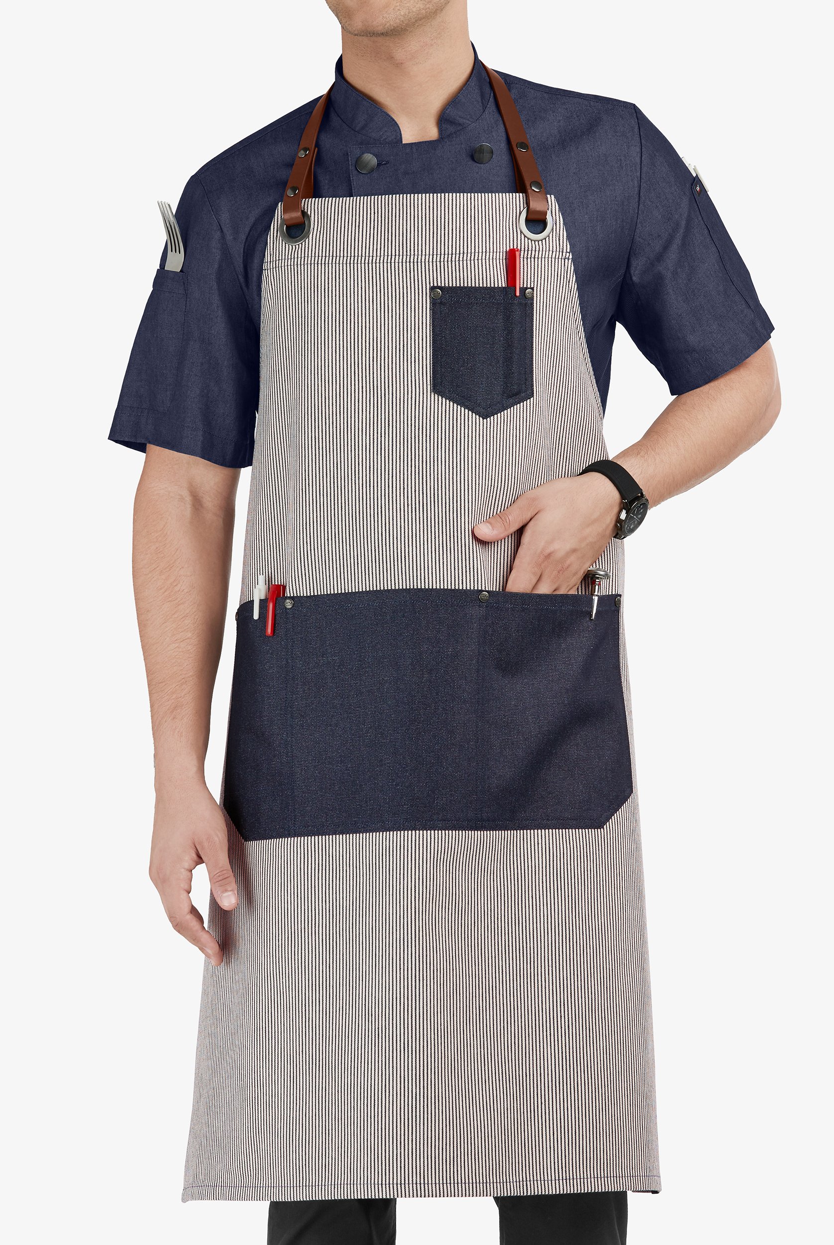 Industry Line Railroad Stripe Denim Unisex 5-Pocket w/ Contrast Pockets Adjustable Bib Chef Apron