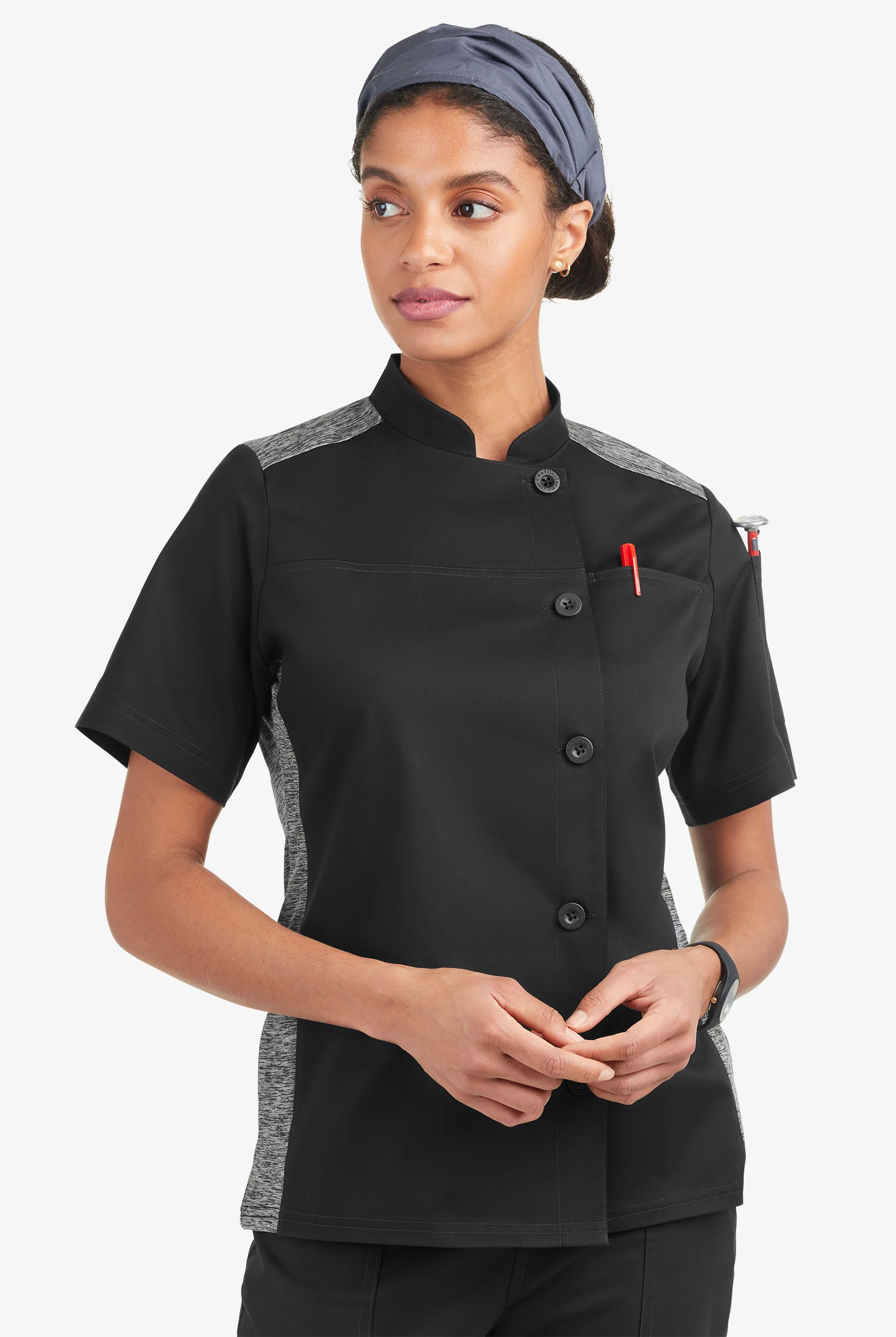CHEF 360 Women's 2-Pocket Short Sleeve w/ Knit Panels STRETCH Executive Chef Coat