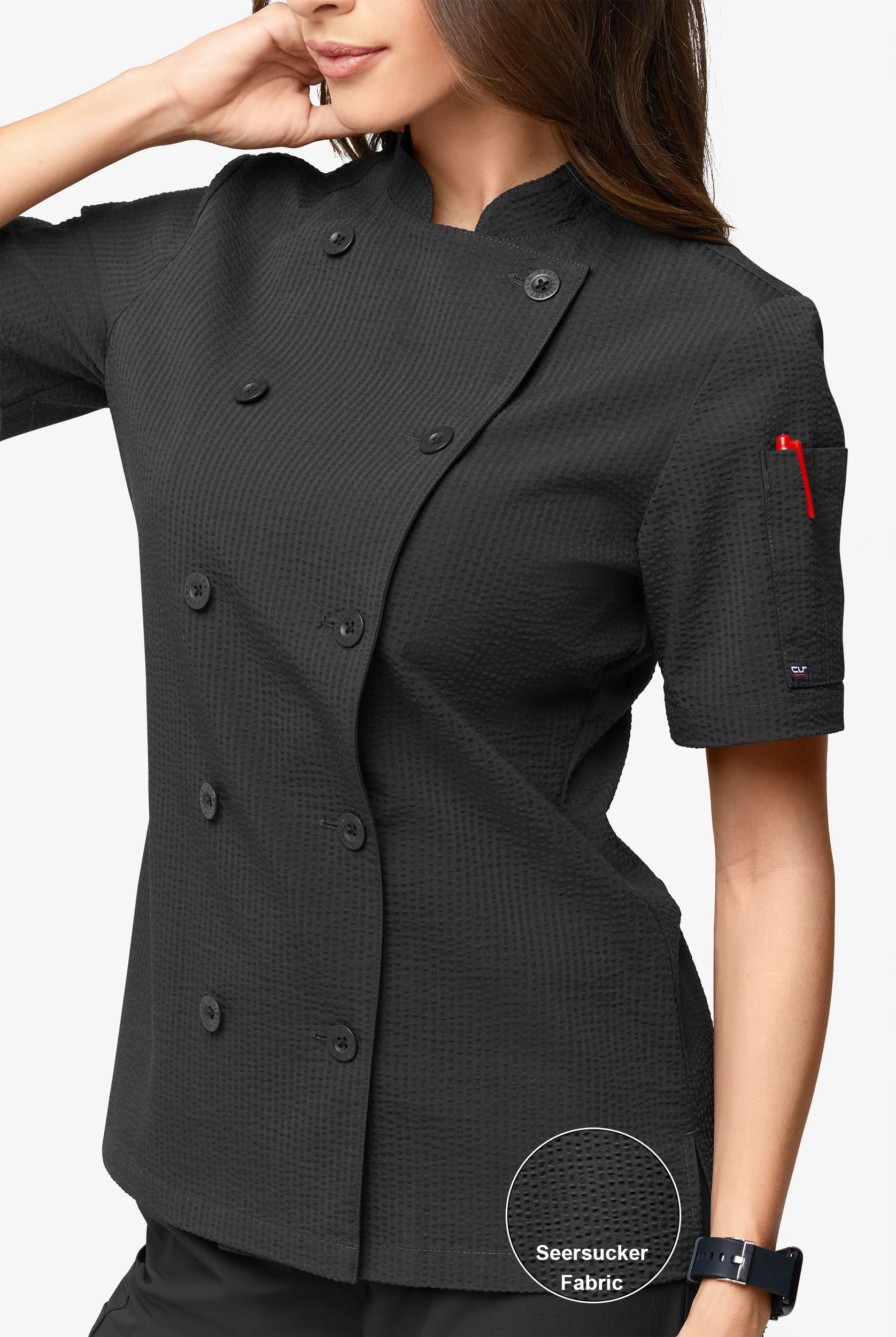 Chef Uniforms Women's Short Sleeve Stretch Seersucker Reversible Double Breasted Coat