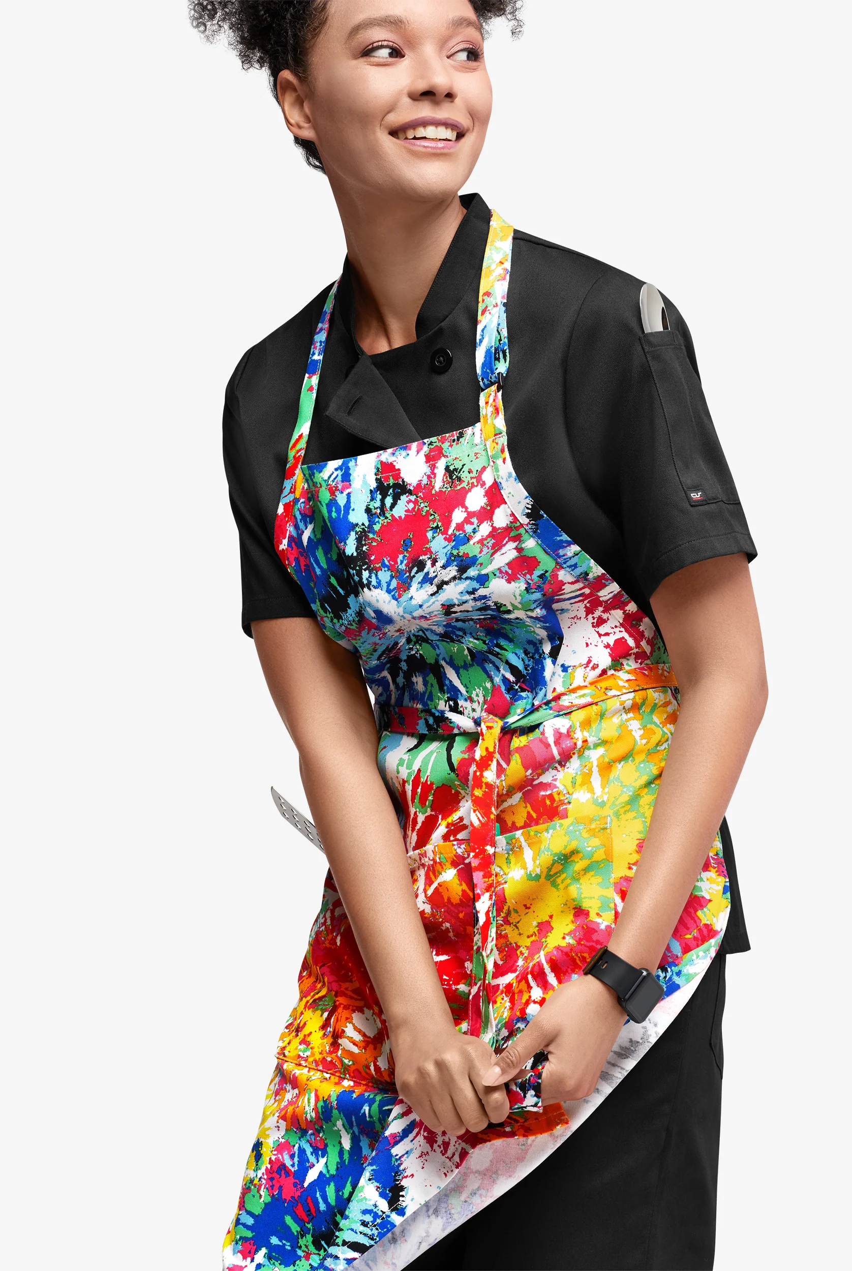 Delantal unisex de chef estampado ajustable UA CHEF&trade; Rainbow Tie Dye White con pechera y 2 bolsillos