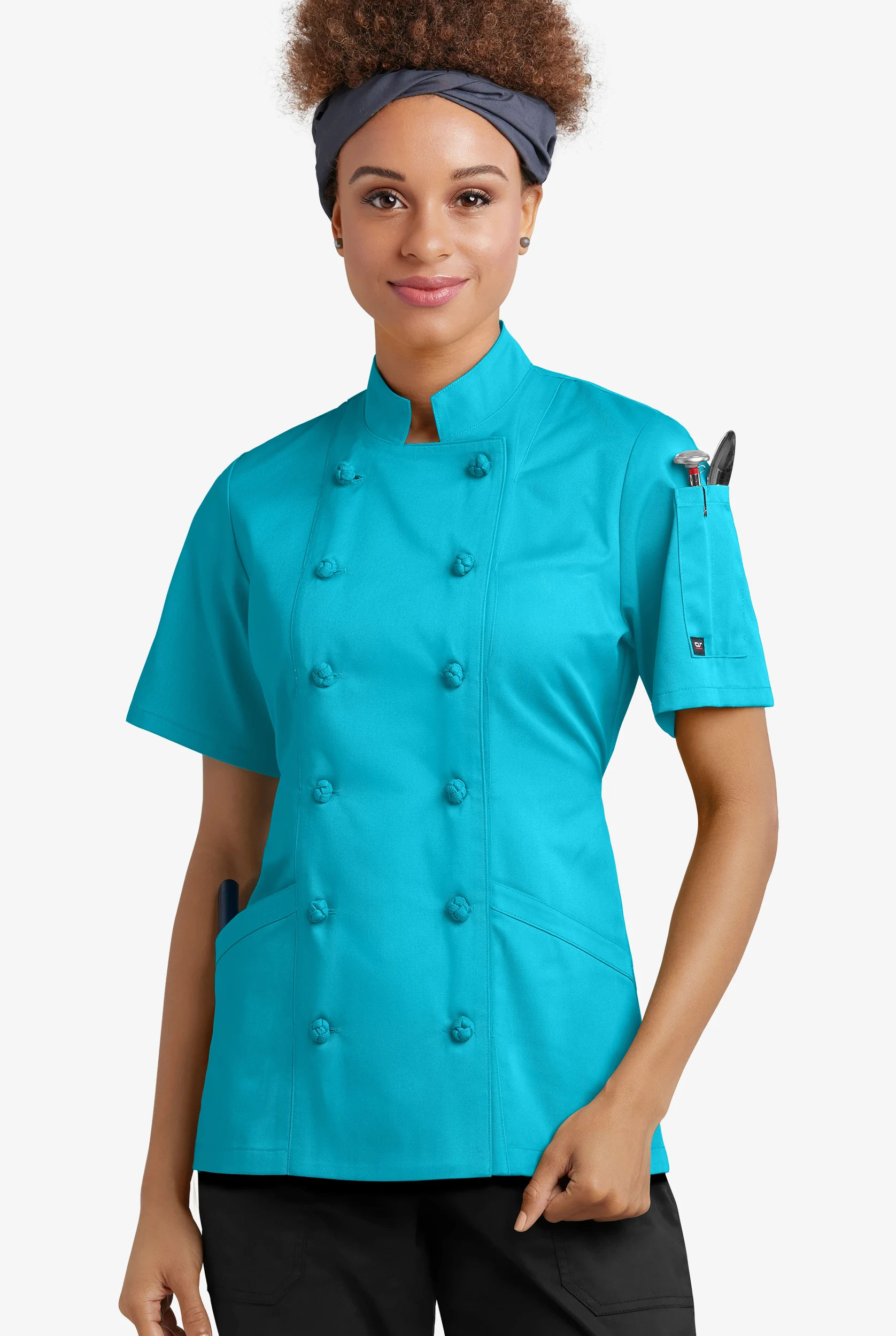 Chef Uniforms Women's 3-Pocket Short Sleeve Knotted Button Executive Chef Coat