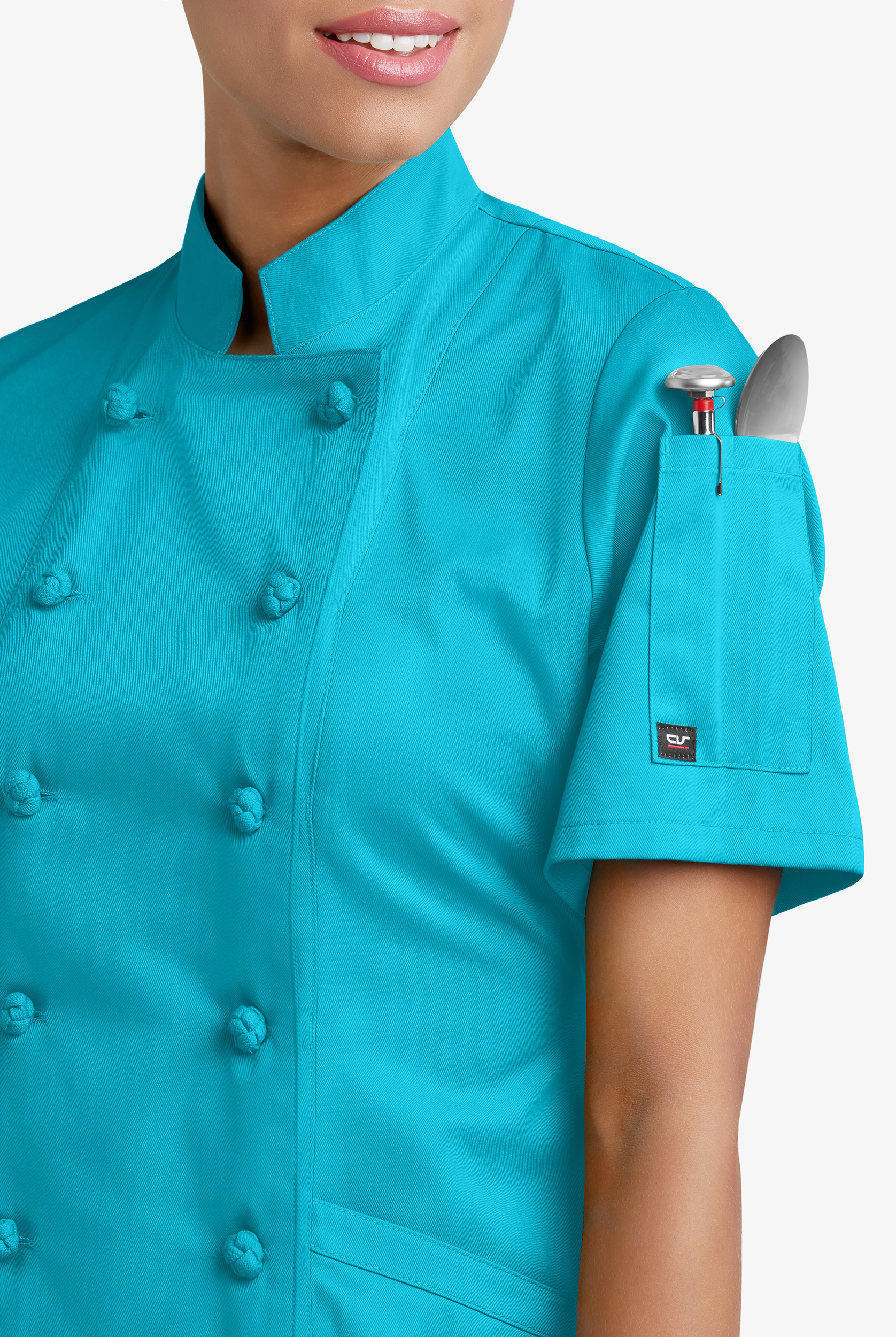 Chef Uniforms Women's 3-Pocket Short Sleeve Knotted Button Executive Chef Coat